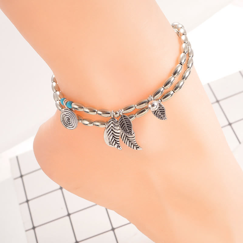 Olivenorma Turquoise Silver Color Leaf Double Layer Bracelet Anklet