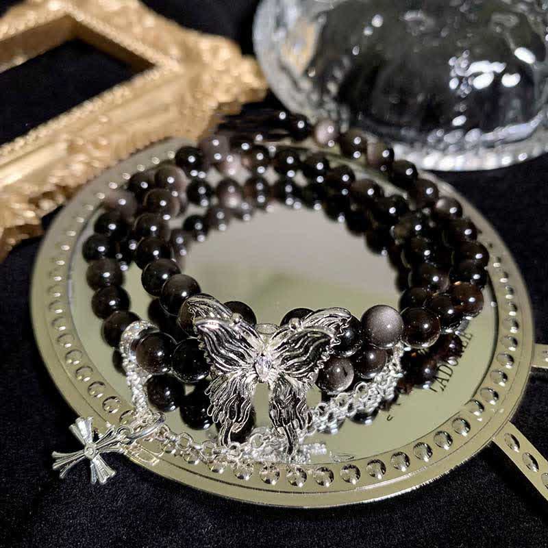 Olivenorma Silver Obsidian Butterfly Pendant Bracelet