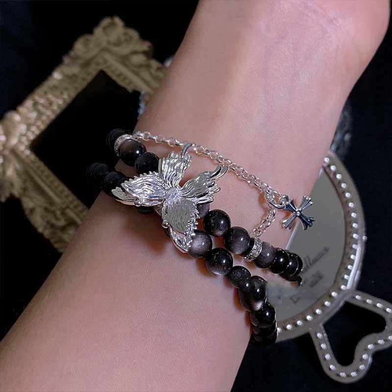 Olivenorma Silver Obsidian Butterfly Pendant Bracelet