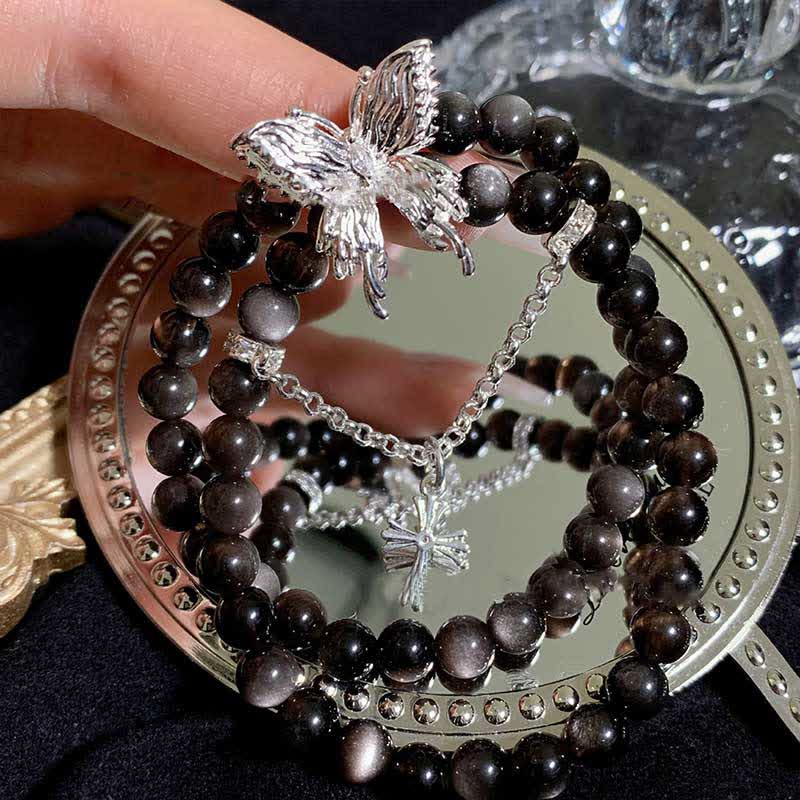 Olivenorma Silver Obsidian Butterfly Pendant Bracelet