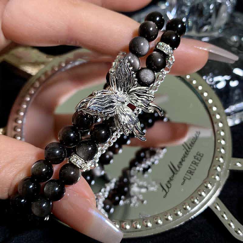 Olivenorma Silver Obsidian Butterfly Pendant Bracelet