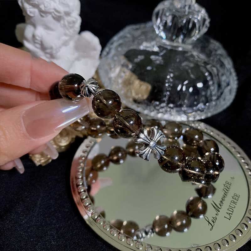 Olivenorma Smoky Quartz Beaded Cross Pendant Bracelet