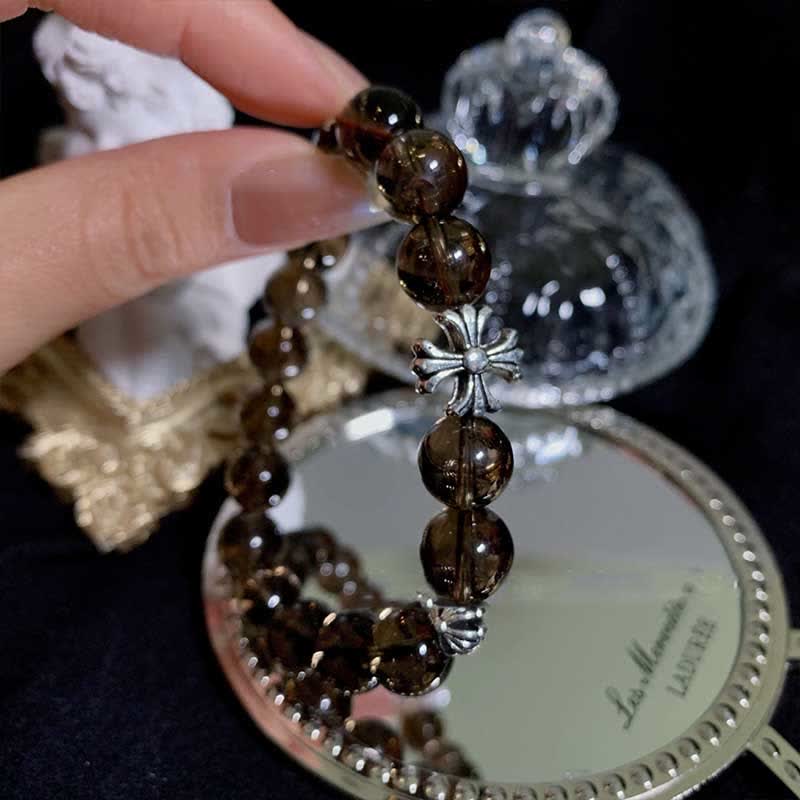 Olivenorma Smoky Quartz Beaded Cross Pendant Bracelet