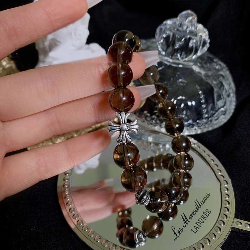 Olivenorma Smoky Quartz Beaded Cross Pendant Bracelet