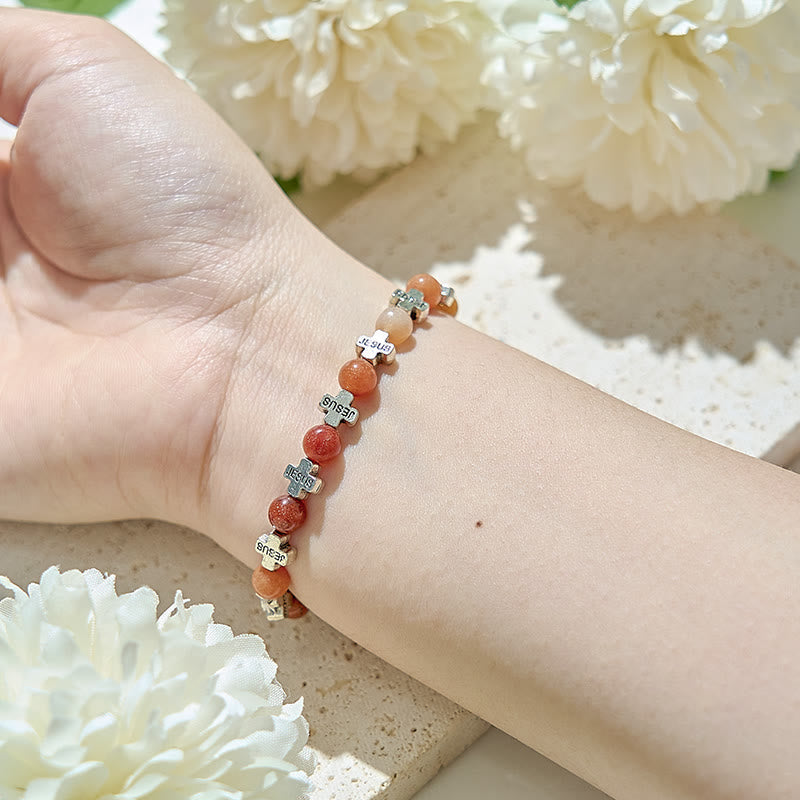 Olivenorma Sun Stone Sandstone Metal Cross Beads Bracelet