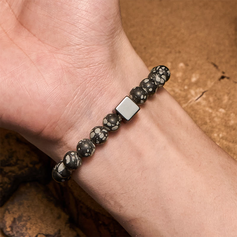 Olivenorma Snowflake Obsidian Square Cut Hematite Bead Bracelet