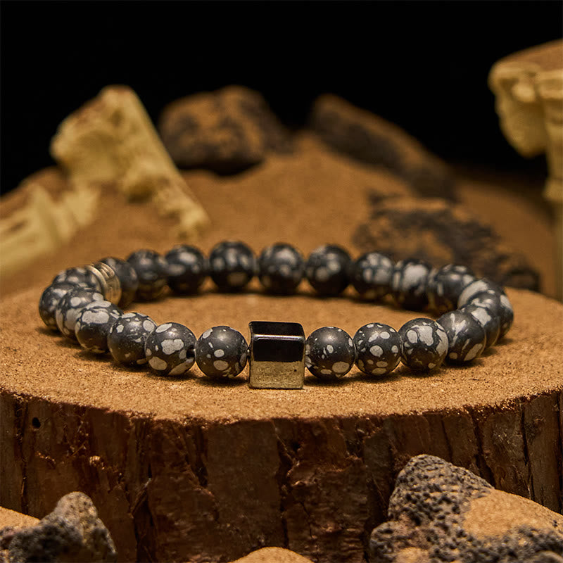 Olivenorma Snowflake Obsidian Square Cut Hematite Bead Bracelet