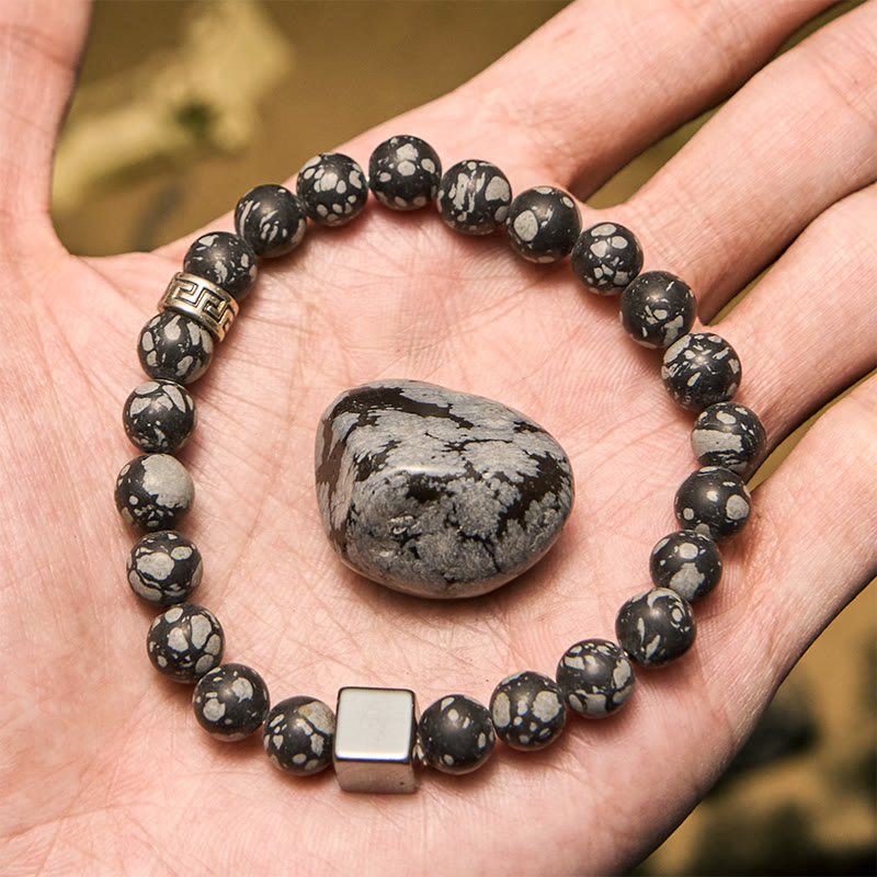 Olivenorma Snowflake Obsidian Square Cut Hematite Bead Bracelet