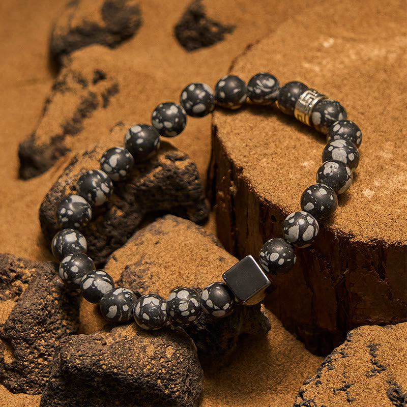 Olivenorma Snowflake Obsidian Square Cut Hematite Bead Bracelet