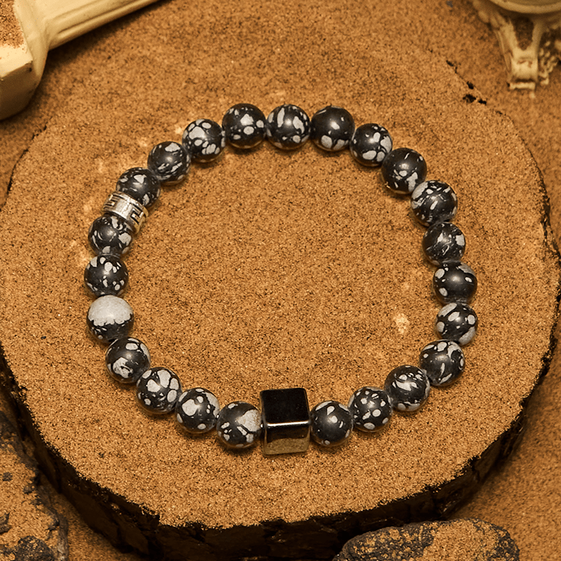 Olivenorma Snowflake Obsidian Square Cut Hematite Bead Bracelet