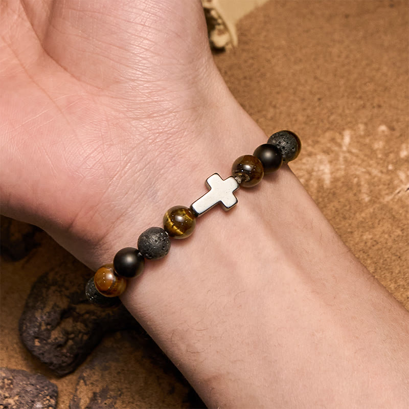 Olivenorma Tiger Eye Lava Stone Beads Cross Bracelet