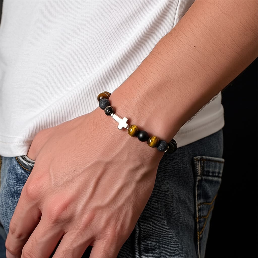 Olivenorma Tiger Eye Lava Stone Beads Cross Bracelet