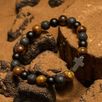 Olivenorma Tiger Eye Lava Stone Beads Cross Bracelet
