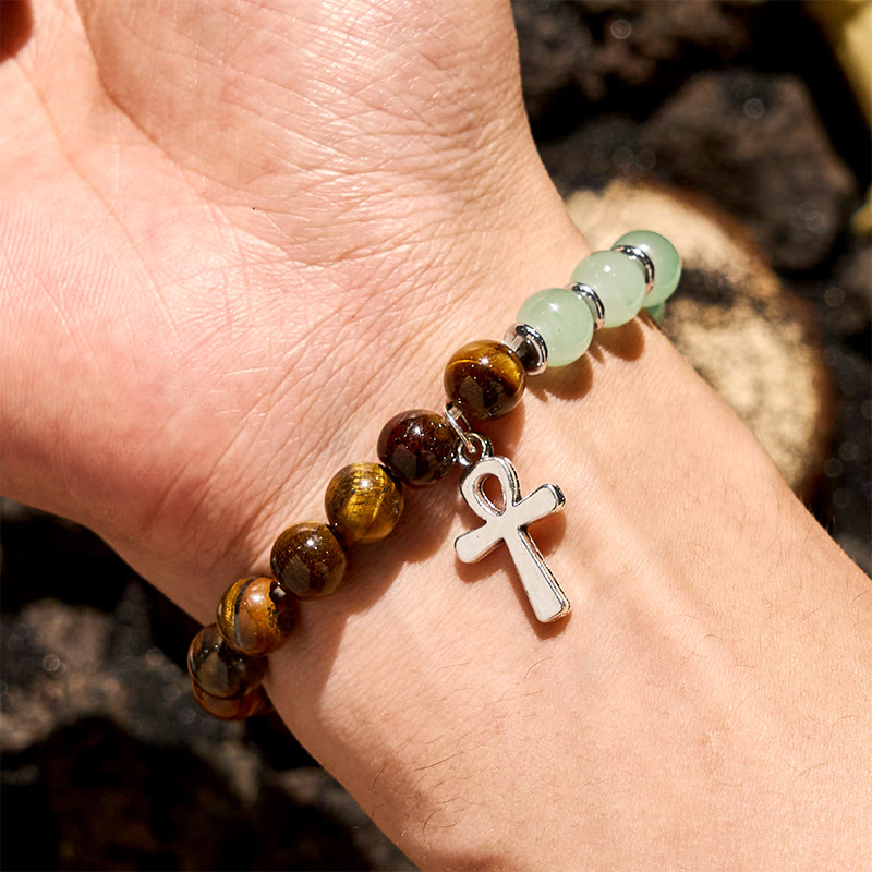 Olivenorma Tiger Eye Green Aventurine Beaded Cross Pendant Bracelet
