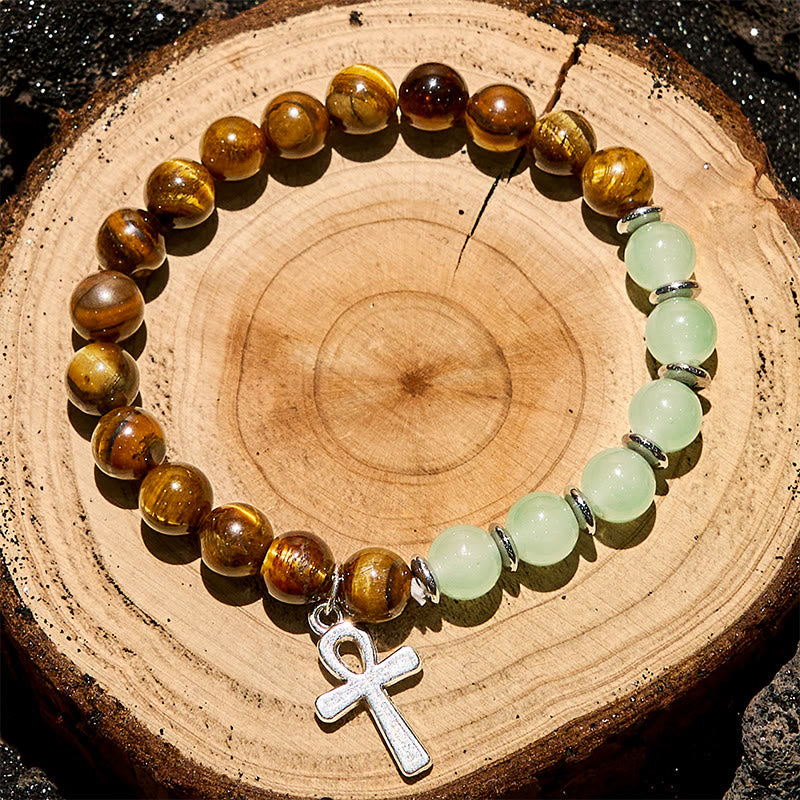 Olivenorma Tiger Eye Green Aventurine Beaded Cross Pendant Bracelet