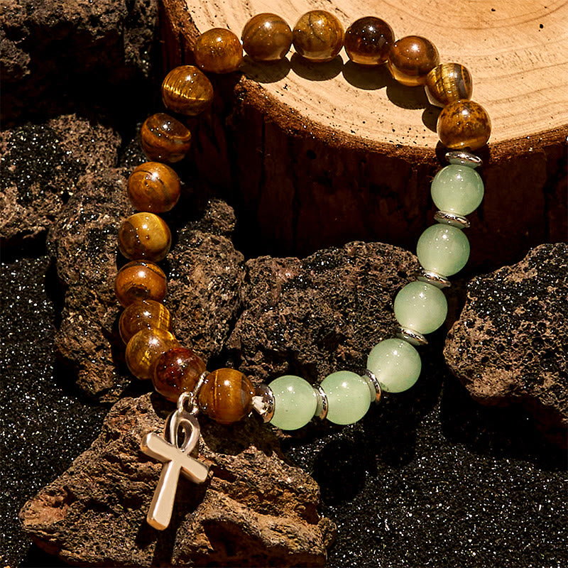 Olivenorma Tiger Eye Green Aventurine Beaded Cross Pendant Bracelet