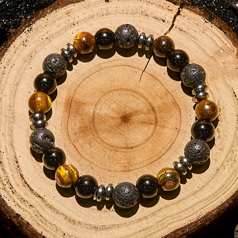 Olivenorma Tiger Eye Obsidian Hematite Roller Bead Bracelet