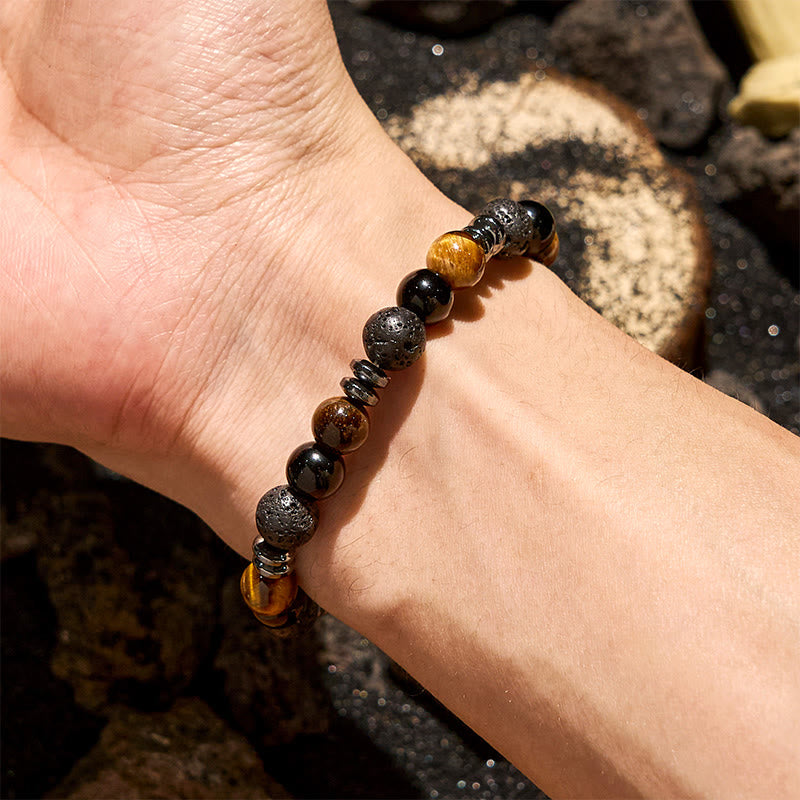 Olivenorma Tiger Eye Obsidian Hematite Roller Bead Bracelet