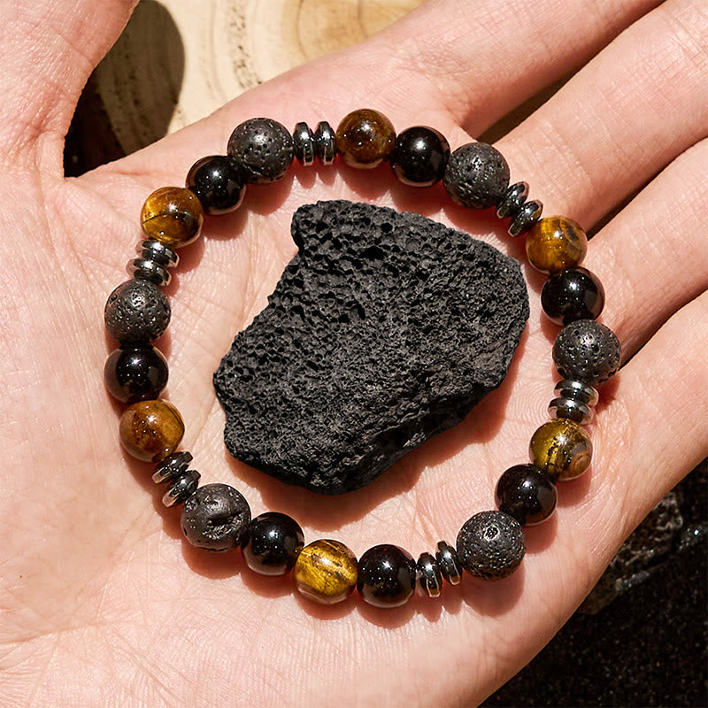 Olivenorma Tiger Eye Obsidian Hematite Roller Bead Bracelet