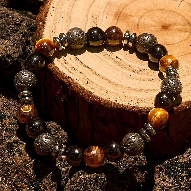 Olivenorma Tiger Eye Obsidian Hematite Roller Bead Bracelet
