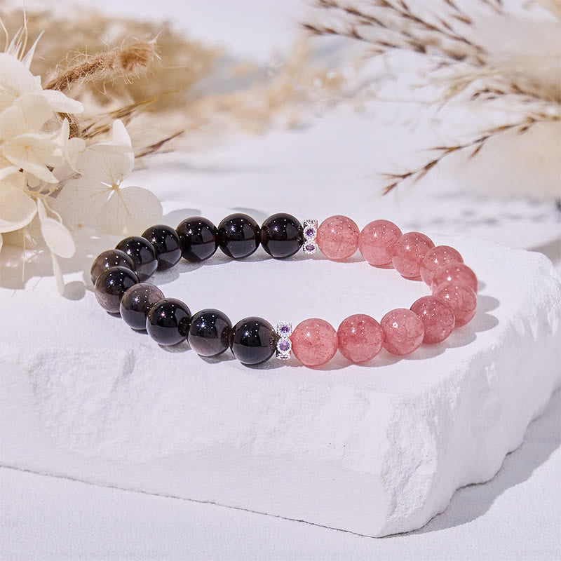 Olivenorma Strawberry Quartz Silver Obsidian Beaded Bracelet