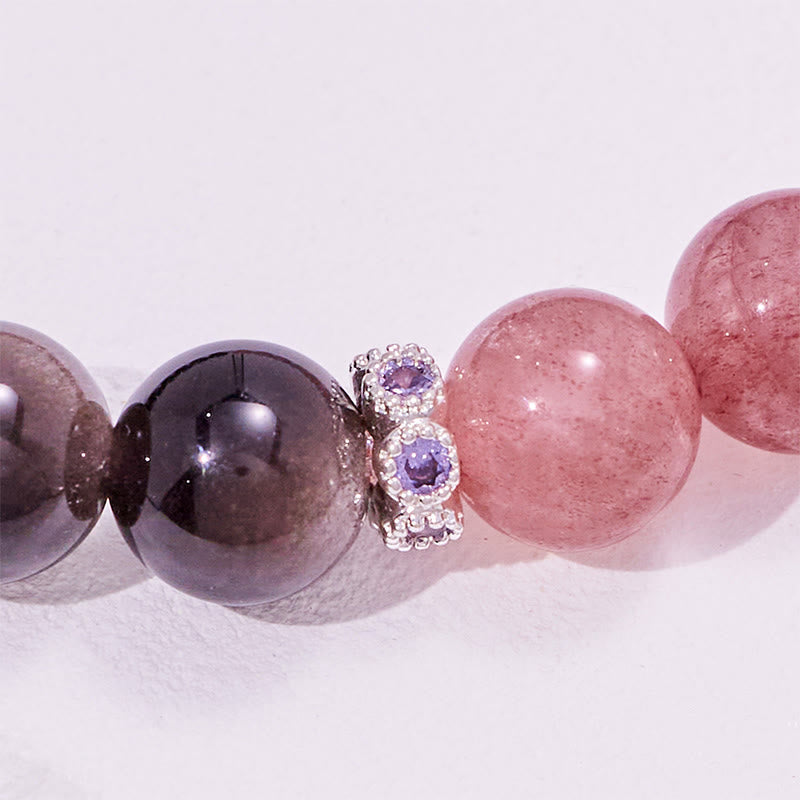 Olivenorma Strawberry Quartz Silver Obsidian Beaded Bracelet