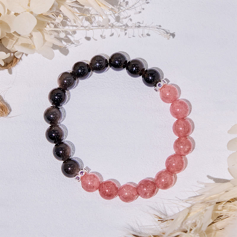 Olivenorma Strawberry Quartz Silver Obsidian Beaded Bracelet