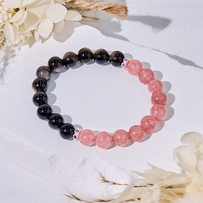 Olivenorma Strawberry Quartz Silver Obsidian Beaded Bracelet