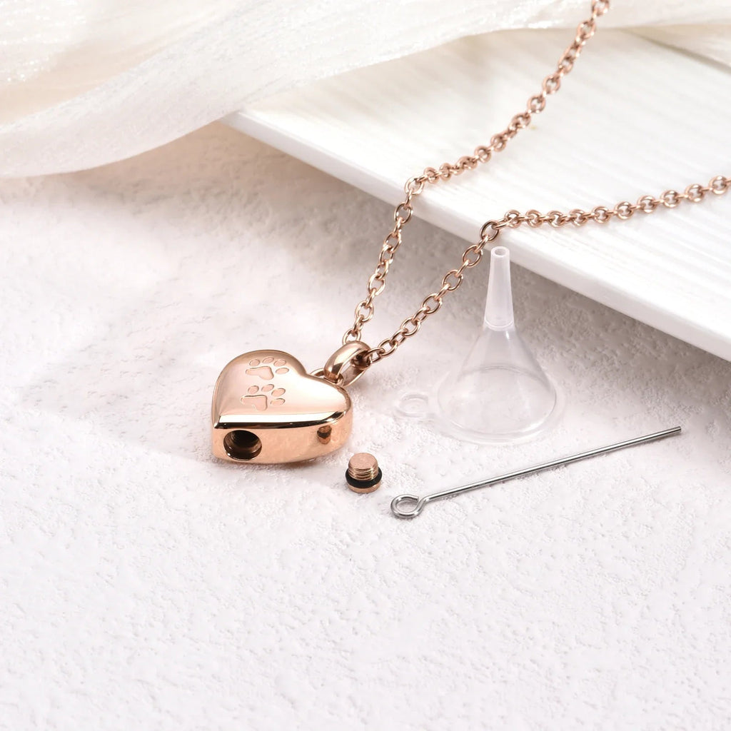 Pet Memorial Urn Necklace ��������������������������� Heart-Shaped Pendant with Paw Engraving