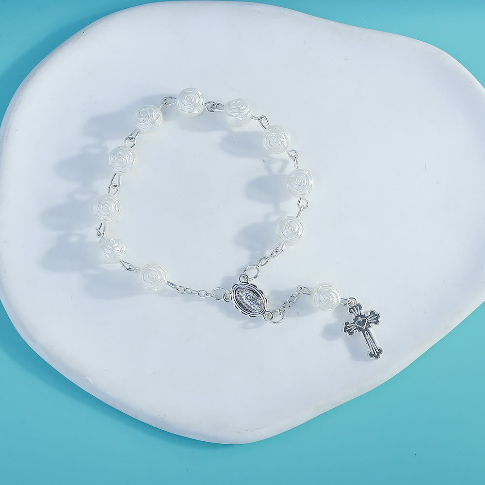 Olivenorma White Rose Flower Christianity Cross Rosary Bracelet