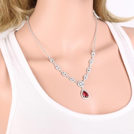 White Gold Ruby Halo Necklace & Earrings Set