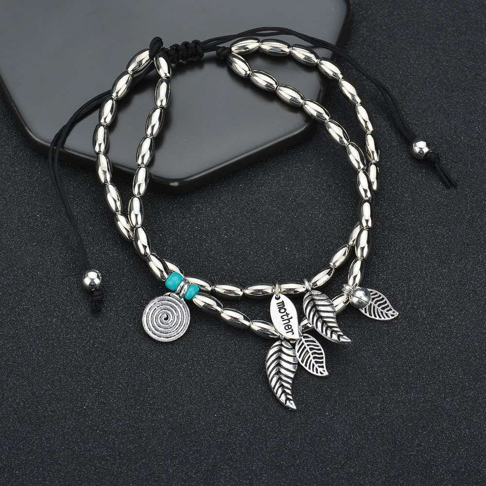 Olivenorma Turquoise Silver Color Leaf Double Layer Bracelet Anklet
