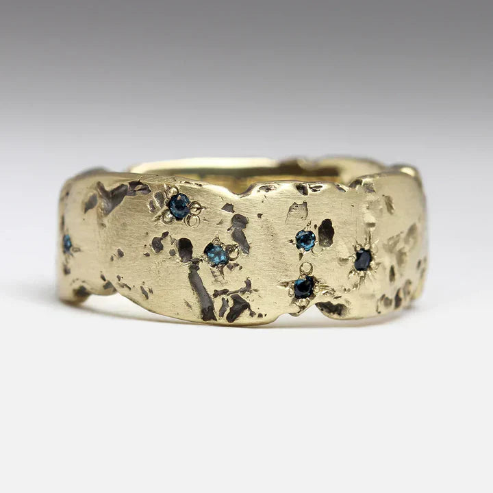 Antique Golden Forged Blue Inlaid Crystal Ring | Gold