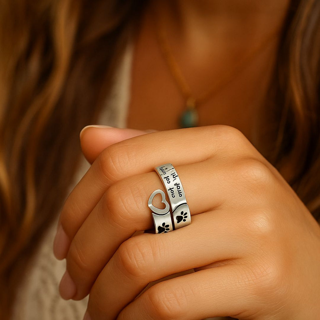 Adjustable Paw & Heart Ring with Twist Design in Silver