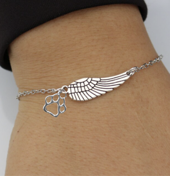 Silver Memorial Bracelet with Angel Wing & Paw Print