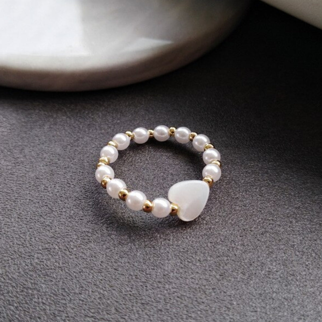 Adjustable Zirconia Heart Ring with Pearls