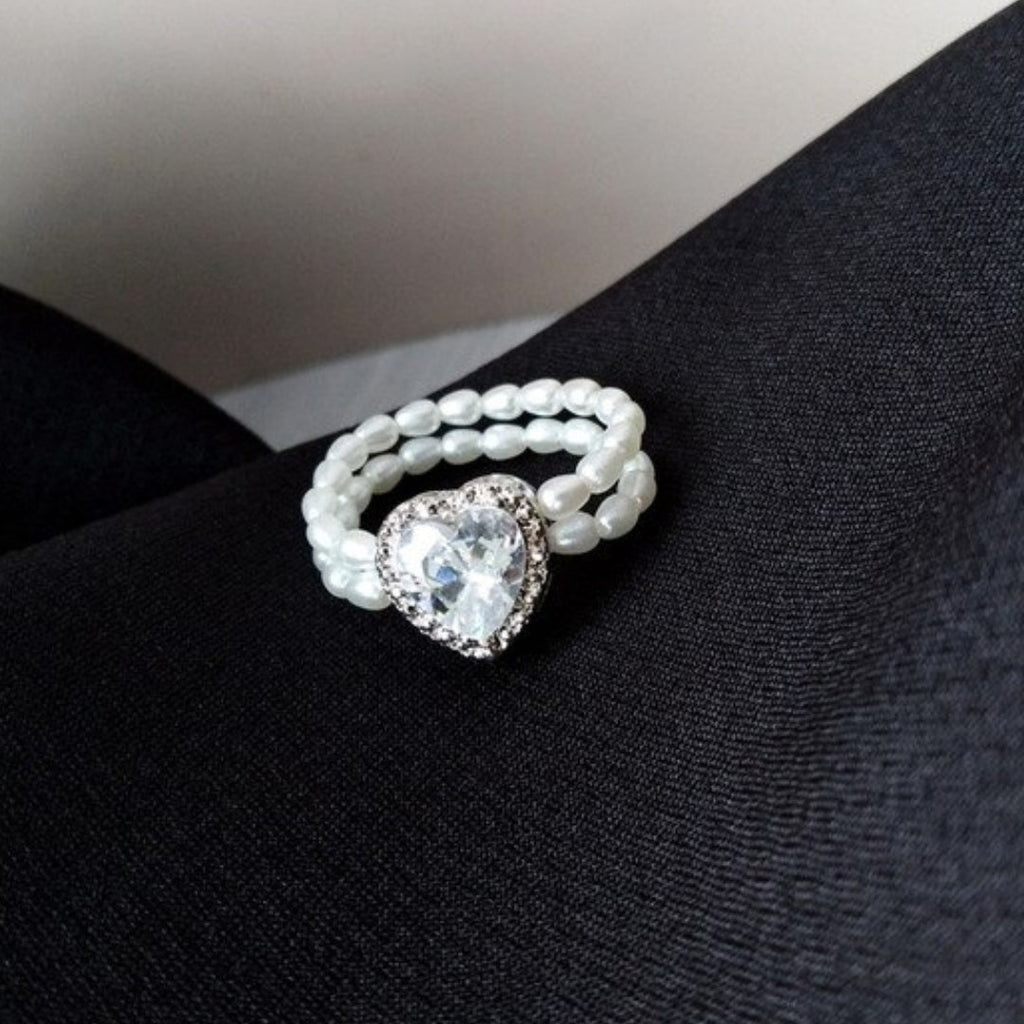 Adjustable Zirconia Heart Ring with Pearls