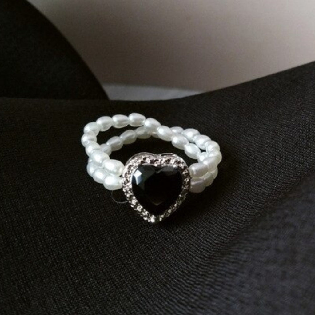 Adjustable Zirconia Heart Ring with Pearls
