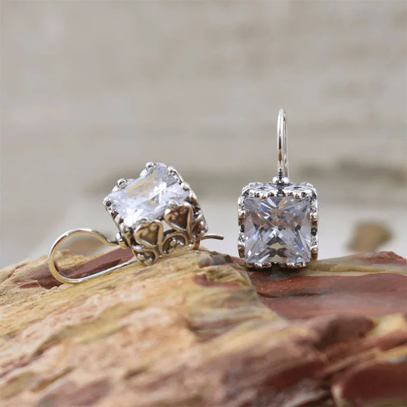 Antique Silver Square Gemstone Earrings