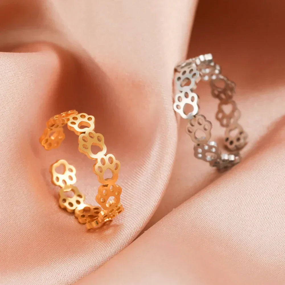 Adjustable Paw Print Ring Stainless Steel