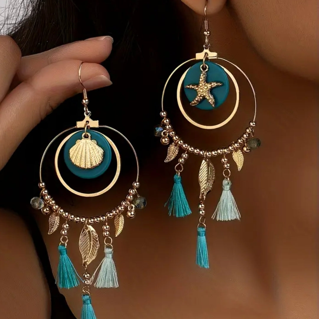 Blue Dangling Gold Sea Earrings