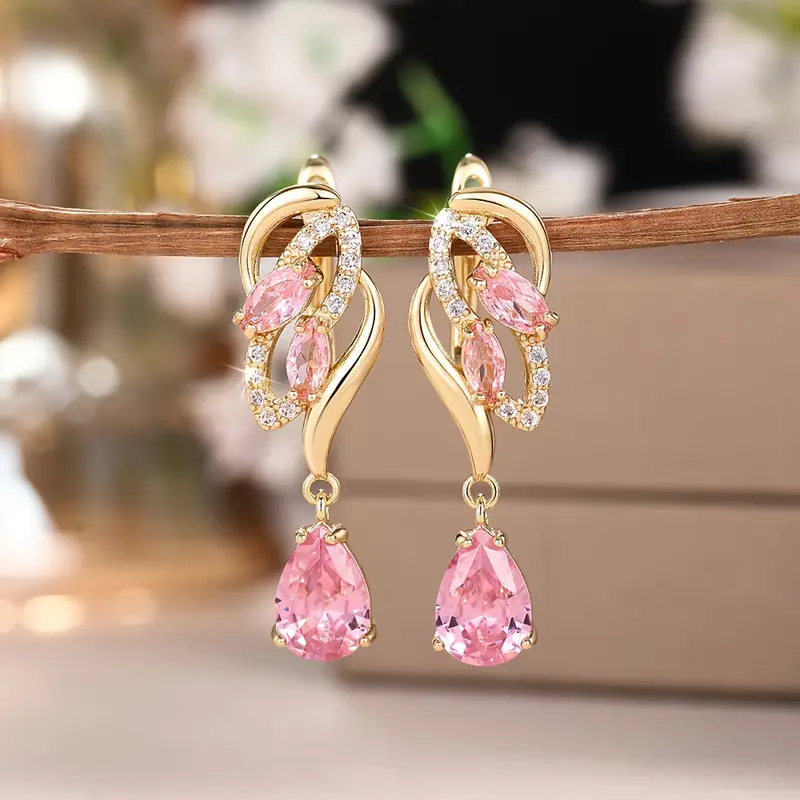 Dangling Pink Drop Crystal Earrings