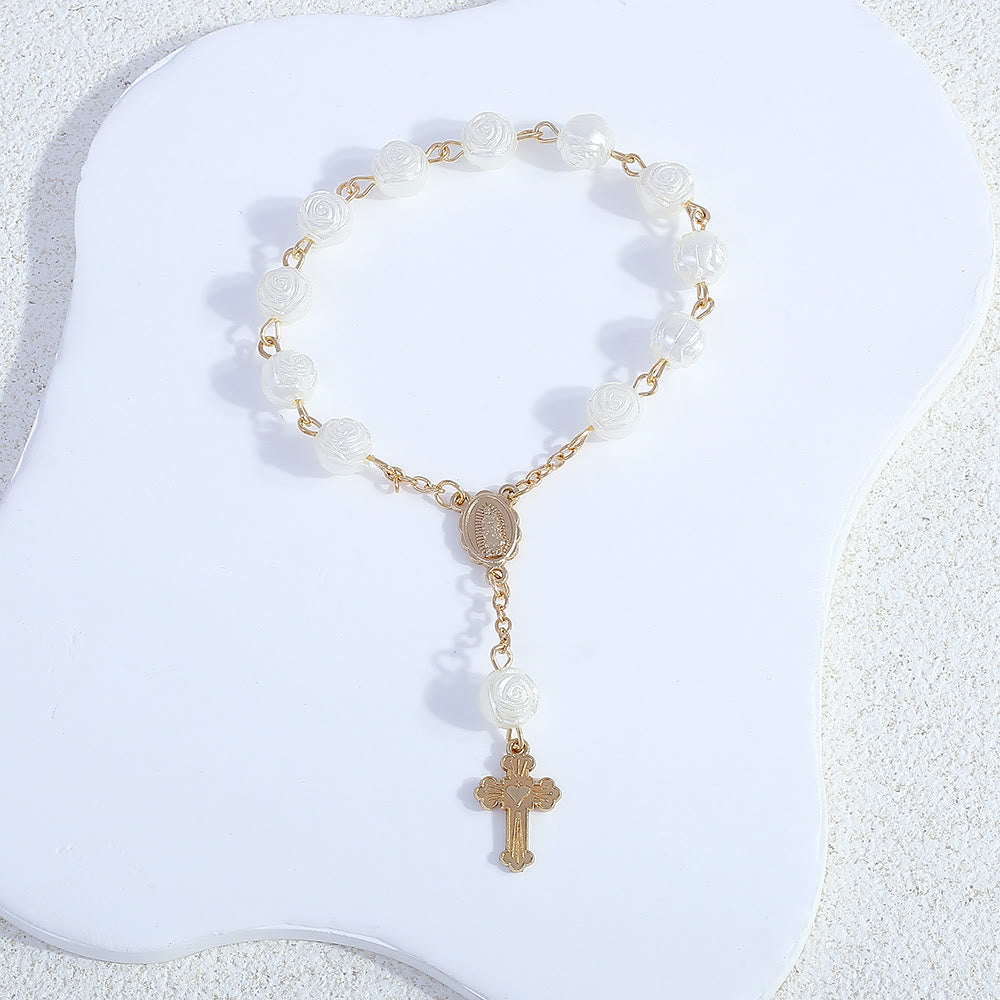 Olivenorma White Rose Flower Christianity Cross Rosary Bracelet