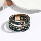 Olivenorma White Zircon Boho Evil Eye Metal Wide Leather Bracelet