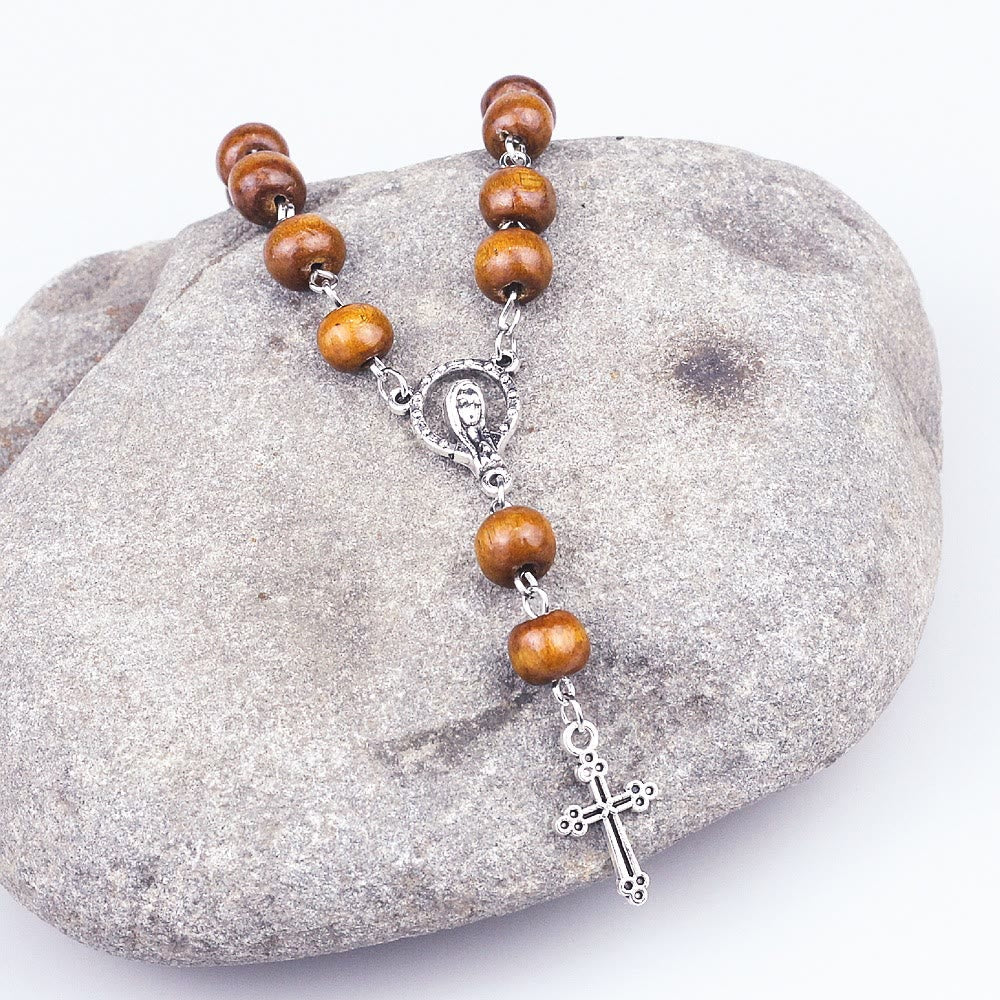 Olivenorma Wooden Beads Christianity Virgin Mary Cross Rosary Bracelet