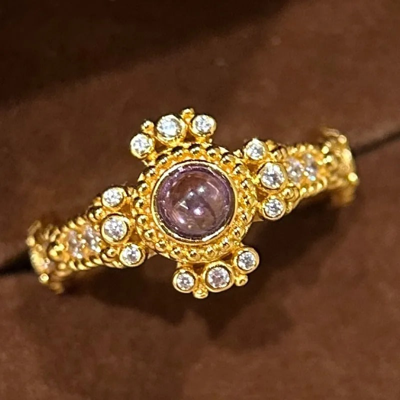 Antique-Inspired Gold & Purple Stone Floral Adjustable Ring