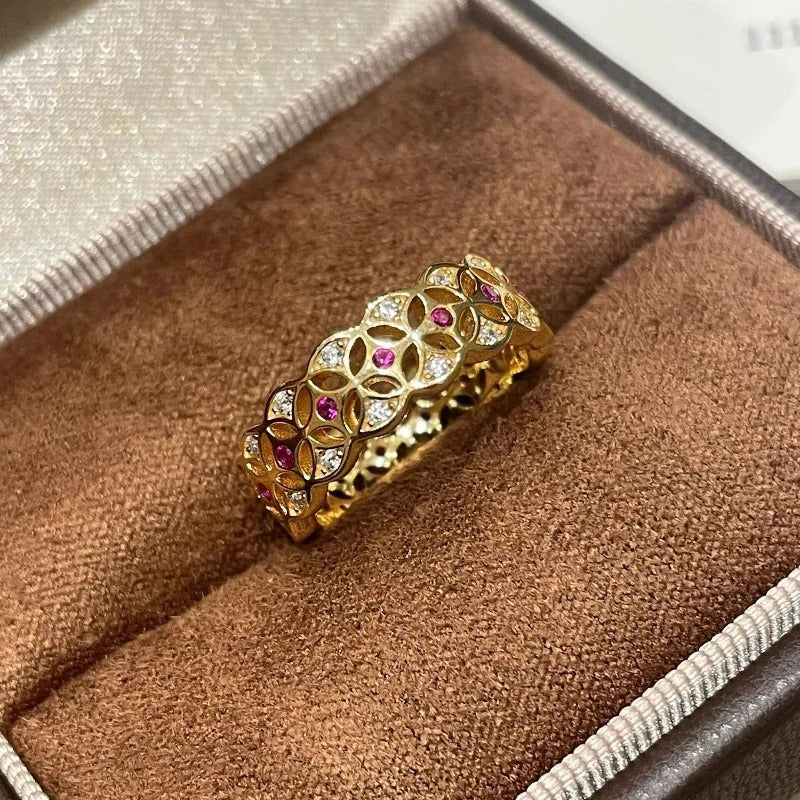 Antique-Inspired Gold & Ruby Floral Design Adjustable Ring