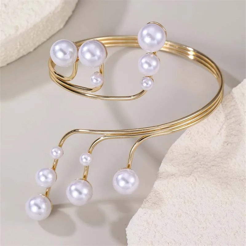 Vintage Gold & Cascading Pearl Bangle Bracelet