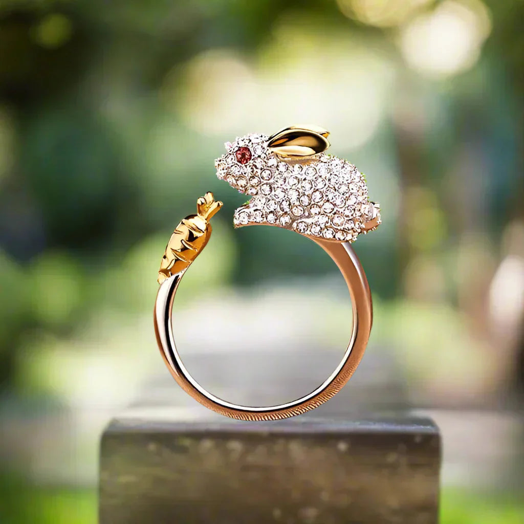 Adjustable Sparkling Bunny & Carrot Ring